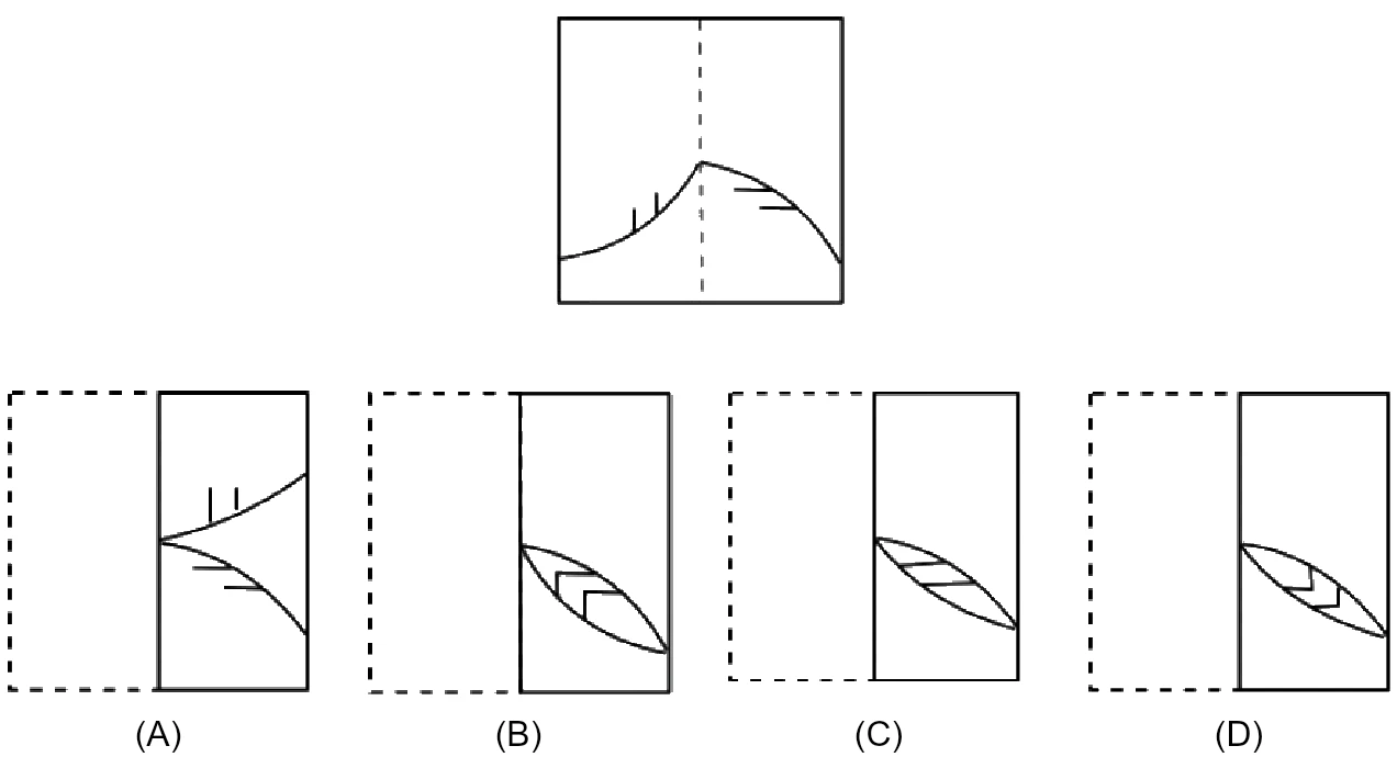 Top: a square sheet with a vertical dotted line in the middle; a curve rises from the left edge to a peak on the dotted line and falls to the right edge, with two short vertical ticks on the left part and two short horizontal ticks on the right part. Bottom: four half-width folded sheets labelled (A) to (D), each showing a different arrangement of the two curves and tick marks