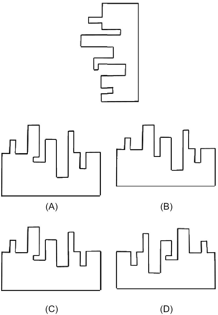 Top: a tall jigsaw piece with a straight right edge and a left edge made of several rectangular prongs of different lengths. Bottom: four candidate pieces labelled (A) to (D), each a rectangle base with rectangular prongs and notches of different shapes along its top edge