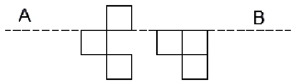 A dashed horizontal line A to B with two groups of unit squares: on the left a plus-like group with one square above the line and three below; on the right three squares below the line