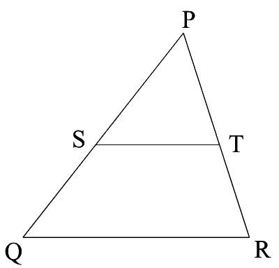 Triangle PQR with apex P at the top and base QR; segment ST parallel to QR joins S on PQ and T on PR