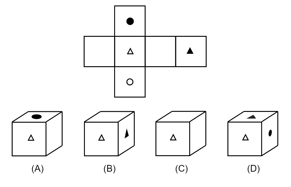 A cross-shaped cube net: centre square with a hollow triangle, a black dot above, a hollow circle below, a blank square on each side and a black triangle on the far right; below it four cubes labelled (A) to (D), each with the hollow triangle on the front face