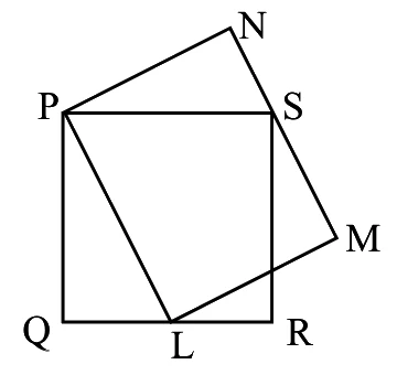 Square PQRS with P top-left, Q bottom-left, R bottom-right, S top-right; rectangle PLMN with L on QR and side MN passing through S