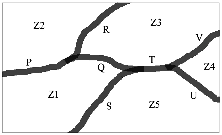 A rectangular map with river segments P, Q, R, S, T, U and V dividing the land into zones Z1 (lower left), Z2 (upper left), Z3 (top middle), Z4 (right) and Z5 (bottom middle)