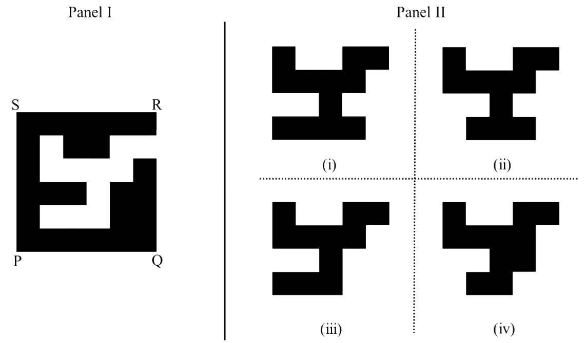 Panel I shows a black square PQRS with a white irregular cut-out; Panel II shows four black candidate shapes labelled (i) to (iv)