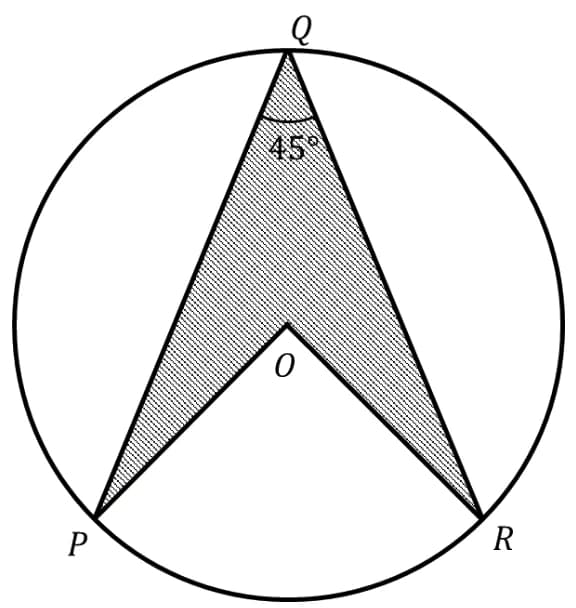 Circle with centre O; points P, Q, R on the circle with angle PQR of 45 degrees; the region P-Q-R-O is shaded