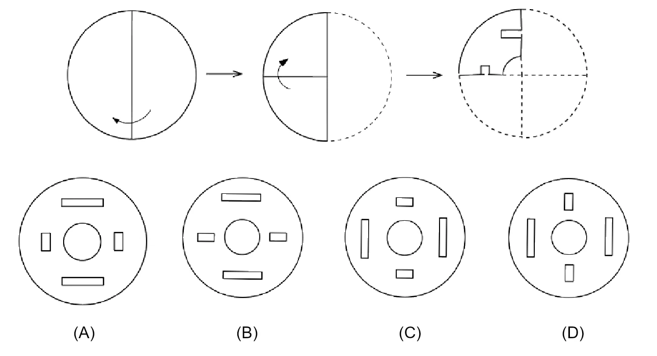 Top: a circle folded in half along a vertical line, then folded again along a horizontal line into a quarter circle, with a rectangular punch on the vertical edge, a small square punch on the horizontal edge and a quarter-circle punch at the centre. Below: four unfolded circles (A) to (D), each with a central circular hole and four rectangular holes of different orientations