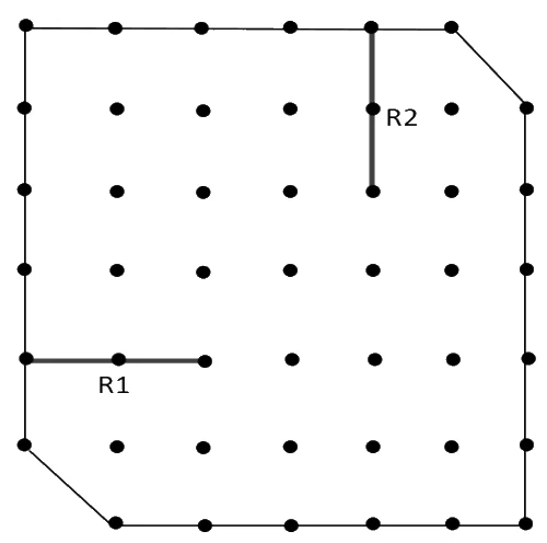 A square grid of equally spaced poles enclosed by a boundary with two cut corners (top right and bottom left); rope R1 runs horizontally from the left edge and rope R2 runs vertically down from the top edge